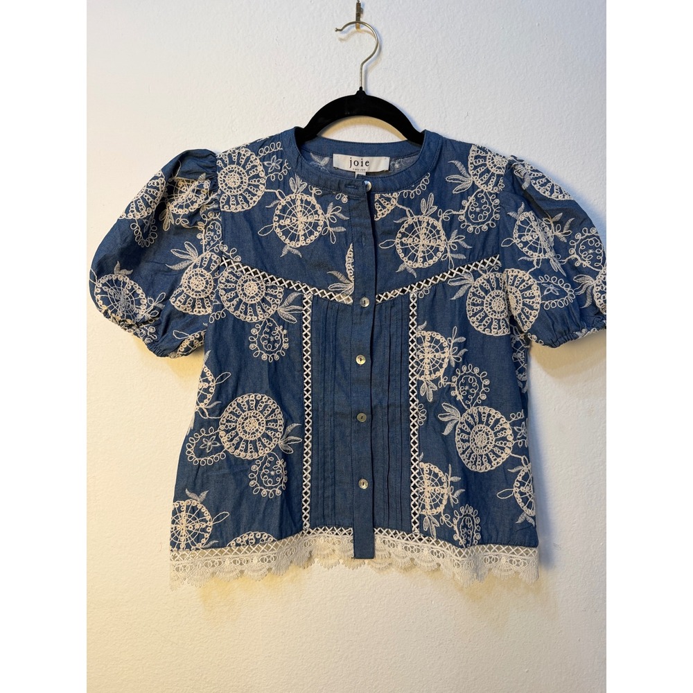 Joie Women Blue Embroidered Cotton Lace Trim Puff Sleeve Button Down Blouse